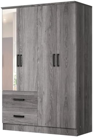 Woodpeckers Furniture And Mattress 4 Mirrored Doors Wardrobe 2 Drawers with Shelves 72 high (1 Mirror, Grey)