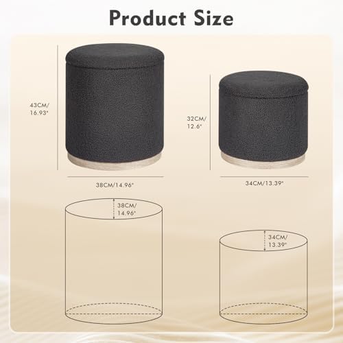 PINPLUS Round Storage Ottoman Set of 2, Dark Grey Boucle Stools with Tray