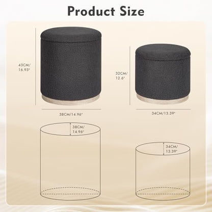 PINPLUS Round Storage Ottoman Set of 2, Dark Grey Boucle Stools with Tray