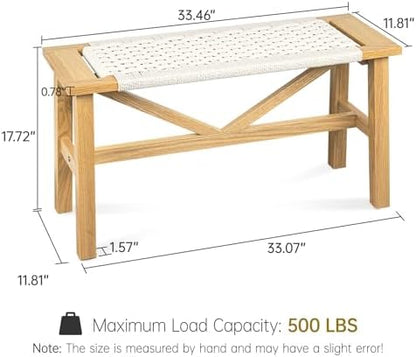 Solid Wood Narrow Bench, 33.46" Woven Bench for Entryway and Hallway, End of Bed Bench with Oak Frame, Boho Accent Bench - 500lbs Capacity (Natural Beige)