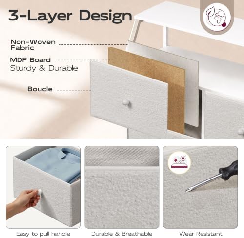 WLIVE Boucle 8 Drawer Fabric Dresser for Bedroom, Open Shelf, Cream White