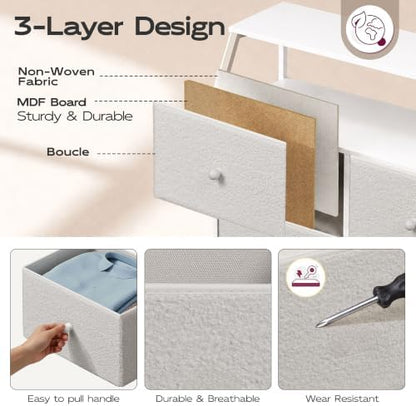 WLIVE Boucle 8 Drawer Fabric Dresser for Bedroom, Open Shelf, Cream White