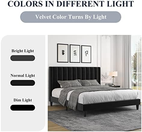 Allewie King Bed Frame/Velvet Upholstered Bed Frame with Vertical Channel Tufted Headboard/Strong Wooden Slats/Platform Bed Frame/Mattress Foundation/Box Spring Optional/Easy Assembly/Black
