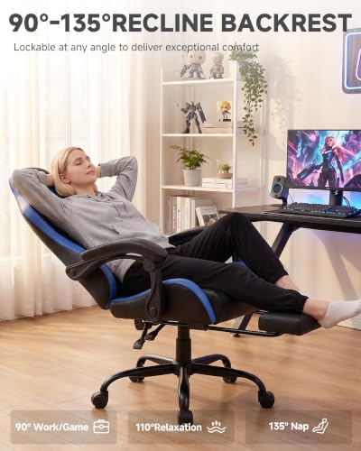 GTPLAYER Gaming Chair for Adults, Computer Chair with Footrest, Blue New