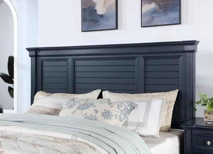 First of a Kind Queen Size Transitional Bedroom Furniture 4 Piece Set in Slate Blue - Panel Headboard Molding Footboard Drawers Nickel Knobs, Bed, Dresser, Mirror & Nightstand