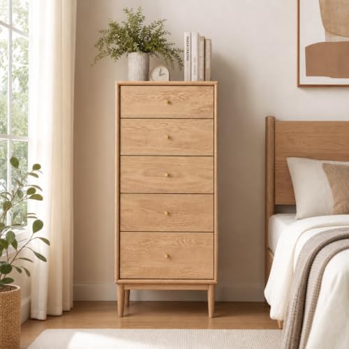 Solid Wood Nightstand, Oak Wood 5 Drawers Nightstand for Bedroom, Natural Wood Side Table, 16.38" W×15.75" D×39.69" H