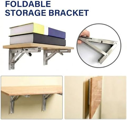 Heavy Duty 18 Inch Folding Shelf Brackets, 2-Pack Collapsible Wall Mounted Brackets, Stainless Steel Fold Down Support for Laundry Room, Kitchen, Closet - Space Saving Hardware