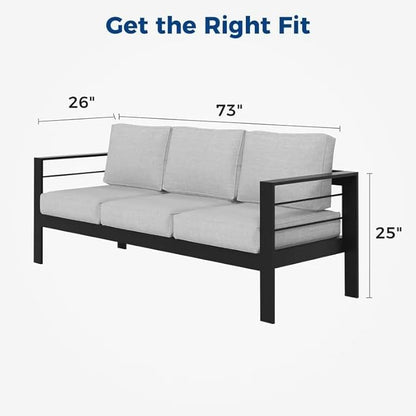Kiss the Water 3 Seats Aluminum Outdoor Patio Sofa Set, All Weather Rust-Proof Metal Patio Couch, Modern Outdoor Furniture for Backyard Porch Garden, 5" Thick Waterproof Olefin Cushions, Light Grey