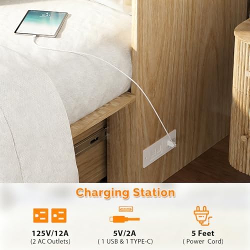 VINGLI Twin Murphy Bed with Storage Drawer,Fluted Wooden Foldable Bed Cabinet with Charging Station,Boho,Hideaway Paltform Panel Bed for Small Spaces,Guest Room,Office,Apartment,Beige