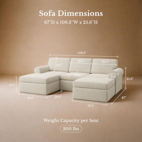 Maywish 108" Sectional Boneless Couch, U Shaped Sofa for Living Room