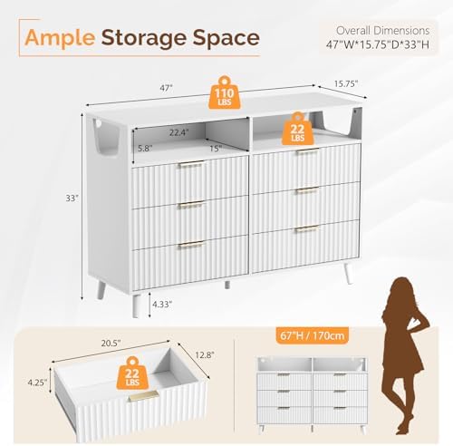 VINGLI Fluted White Dresser, Led Dresser 6 Drawer, White Wood Bedroom Dressers TV Stand, Modern, 47" W*15.75" D*33" H