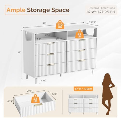 VINGLI Fluted White Dresser, Led Dresser 6 Drawer, White Wood Bedroom Dressers TV Stand, Modern, 47" W*15.75" D*33" H