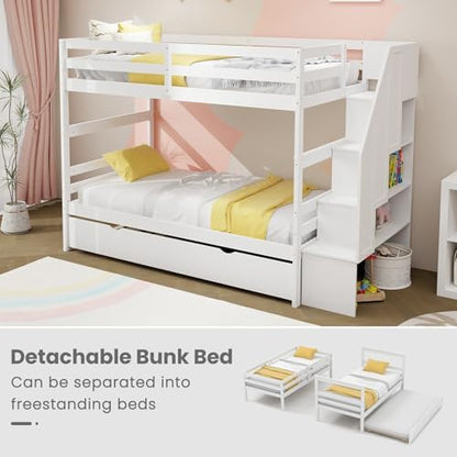 KOMFOTT Wood Twin Over Twin Bunk Bed with Trundle & Storage Stairs, Bunk Bed Frame with Protective Guardrails for Kids Room, Bedroom, Convertible to 2 Separated Beds, No Box Spring Needed