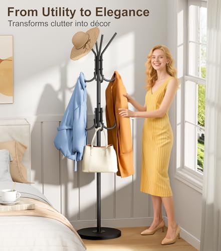 MISSLO Heavy Duty Coat Rack Freestanding with Stable Wood Base Modern Coat Tree with 12 Hooks Adjustable Coats Hanger Stand Stylish Standing Clothes Tree for Entryway Bedroom Corner Hall (Black)