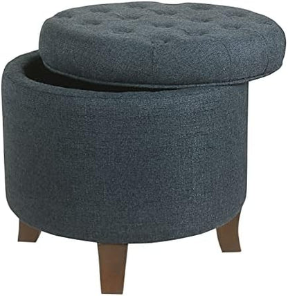 HomePop by Kinfine Fabric Upholstered Round Storage Ottoman - Velvet Button Tufted Ottoman with Removable Lid, Indigo Blue Woven