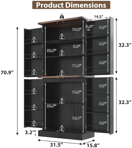 71" Tall Kitchen Pantry Cabinet, Farmhouse Tall Kitchen Storage Cabinet with Adjustable Shelves & 4 Barn Style Doors, Wooden Storage Cabinet for Kitchen, Dining Room, Living Room, Bathroom, Office