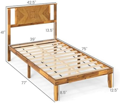 KOMFOTT Twin Size Wood Bed Frame with Headboard, Solid Acacia Wood Platform Bed Frame, Wooden Slats Supported Bed Base with Under-Bed Storage Space, No Box Spring Needed Mattress Foundation