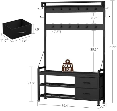 Coat Rack, 39.4” Hall Tree with Shoe Storage Bench, Black
