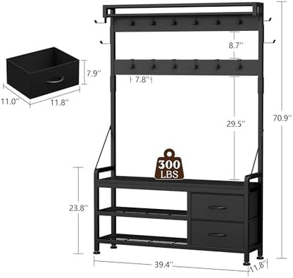 Coat Rack, 39.4” Hall Tree with Shoe Storage Bench, Black