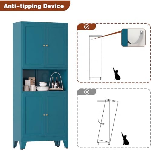 Metal Pantry Cabinet, Tall Kitchen Cabinet with 4 Doors & Adjustable Shelves,69" Blue Freestanding Storage Cabinets with Microwave Stand Cupboard for Living Room,Dining Room,Home