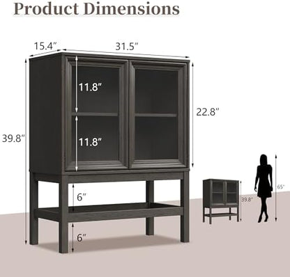 Sideboard Buffet Cabinet with Storage Set of 2, Small Kitchen Coffee Wine Bar Cabinet with Glass Doors, Wood Mid Century Modern Side Board for Living Room, Dark Brown