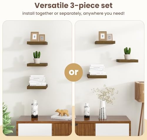 Floating Shelves for Wall - 7.5 Inch Square Shelves with Invisible Brackets, Small Wall Shelf for Living Room, Bathroom, Bedroom, and Kitchen Decor Brown Set of 3
