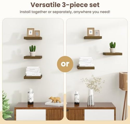 Floating Shelves for Wall - 7.5 Inch Square Shelves with Invisible Brackets, Small Wall Shelf for Living Room, Bathroom, Bedroom, and Kitchen Decor Brown Set of 3