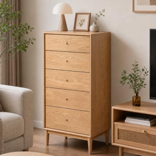 Solid Oak Wood Dresser, 5 Drawer Dresser for Bedroom, Solid Wood Nightstand with Drawers, Modern Chest of Drawers for Living Room, Hallway, Closet, Natural Oak (20.3" W x 15.74" D x 43.62" H)