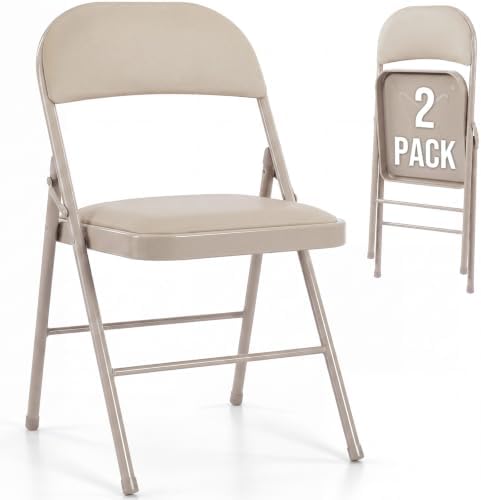 OLIXIS Padded Folding Chairs Set of 2, Portable Foldable Patio Dining Chairs, Heavy Duty Metal Frame, for Kitchen, Dining, Office, Wedding, Garden, Party, Outdoor, Indoor, Khaki