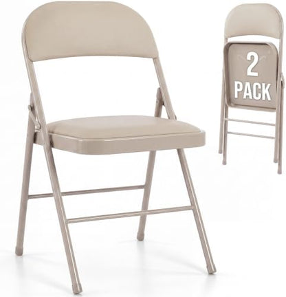 OLIXIS Padded Folding Chairs Set of 2, Portable Foldable Patio Dining Chairs, Heavy Duty Metal Frame, for Kitchen, Dining, Office, Wedding, Garden, Party, Outdoor, Indoor, Khaki