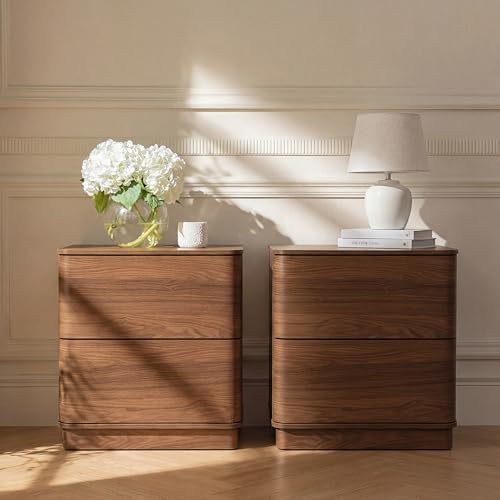 Nightstands Set of 2 with 2 Push to Open Drawers Storage, Walnut