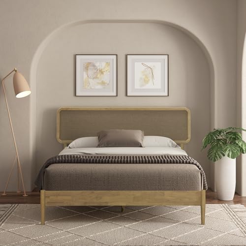 Lupin Wooden Bed Frame with Headboard, Solid Oak and Rubber Wood Foundation with Silent Slats and Wood Central Supports, 1000 Lb Capacity, Queen - Sand