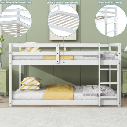 Low Bunk Bed Twin Over Twin with Ladder and Safety Guardrails, Wood Twin Size Floor Bunk Beds for Teens, No Box Spring Needed, White