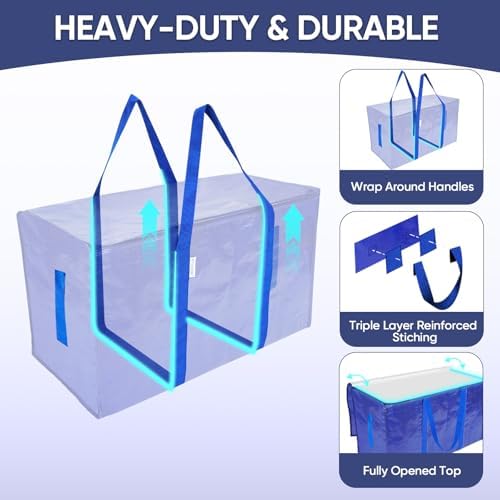 TICONN 8 Pack Extra Large Moving Bags Heavy Duty with Zippers & Carrying Handles, Durable Storage Bags Moving Boxes for Closet Organizers and Storage (8 Pack, Blue)