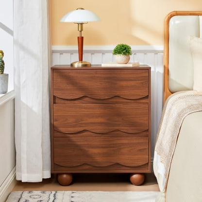 Walnut Scalloped 3 Drawer Dresser,Mid Century Modern Nightstand for Bedroom