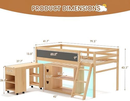 Low Loft Bed with Desk, Twin Size Solid Wood Bed Frame w/Storage Bookshelf & Blackboard, Full Guardrail, Ladder, No Box Spring Needed for Kids Teen, Easy Assembly (Natural)