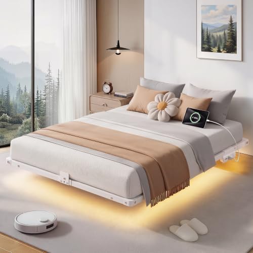 Floating Bed Frame Queen Size, Smart LED Lights & Charging Station, 9.45" High Clearance, Mattress Slide Stopper, Noise-Free, No Box Spring Needed, Easy Assembly