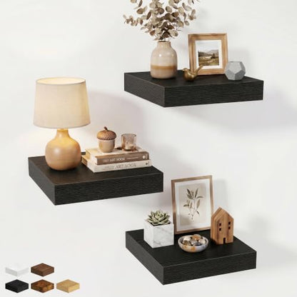 Floating Shelves for Wall 12 Inch, 12 Inch Deep Square Wall Shelves, Bathroom Storage Shelves Over Toilet, Wood Floating Shelves for Living Room Bedroom, Black, Set of 3