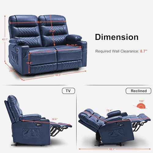 MCombo 56 in Reclining Loveseat Recliner with Heat & Massage PR622 (Blue)