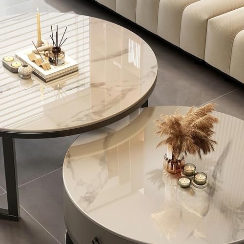 Round Nesting Coffee Table with Storage Drawer Set of 2, Modern Cocktail Table with Faux Marble Top for Living Room Small Space 31.5" Black/Grey-Gray