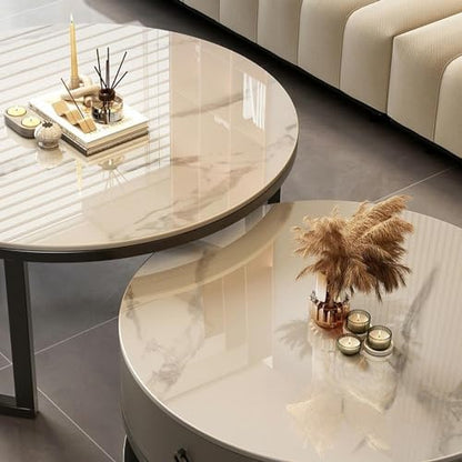 Round Nesting Coffee Table with Storage Drawer Set of 2, Modern Cocktail Table with Faux Marble Top for Living Room Small Space 31.5" Black/Grey-Gray