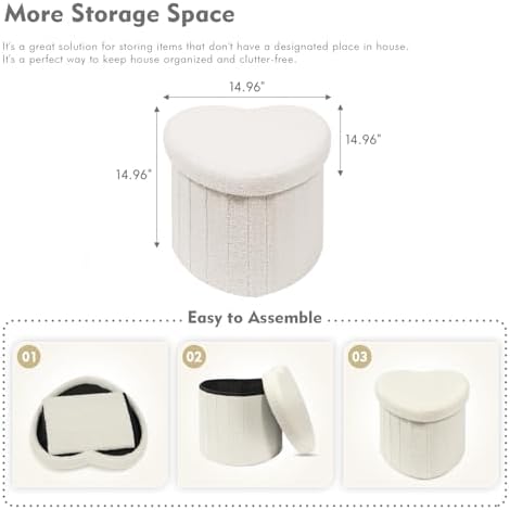 B FSOBEIIALEO Storage Ottoman Heart Shaped Ottoman with Storage,Cream White