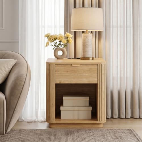 Modern Nightstand with Charging Station, Natural Oak End Table