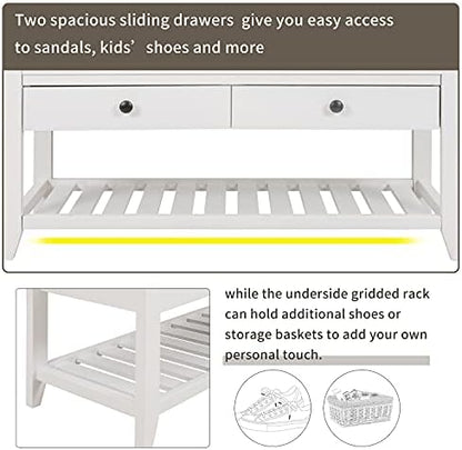 Merax Farmhouse Wood Shoe Bench with Storage and Seat Cushion Entryway Bench with Shoe Shelf and Drawers White