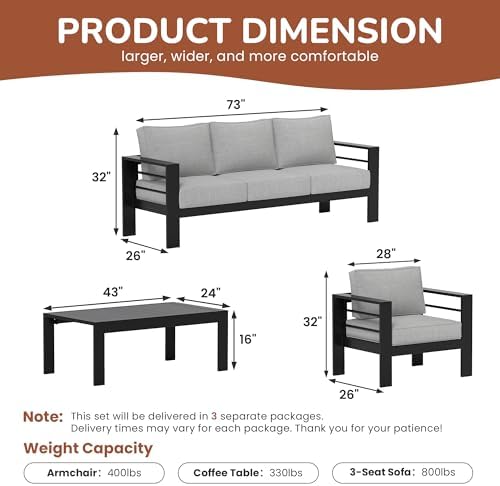 5 Seats Outdoor Patio Furniture, Aluminum Patio Sofa with 10" Back Cushion
