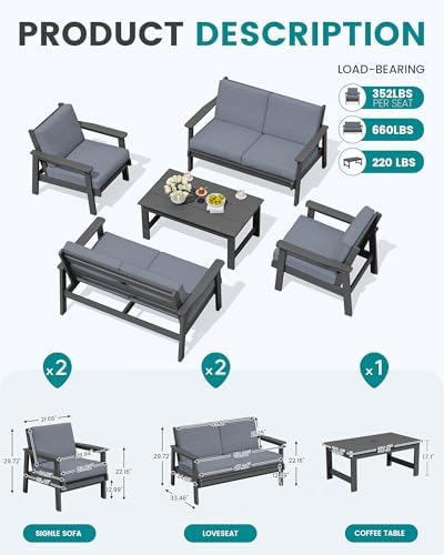 SERWALL HDPE Patio Furniture Set 5 Piece, Outdoor Sofa Couch Coffee Table