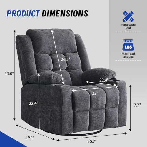 Power Swivel Rocker Recliner Chair with Massage and Heat for Adults,Electric Glider Reclining Single Sofa Chair for Living Room,USB & Type-C Charging Ports, Infinite Position,Dark Gary