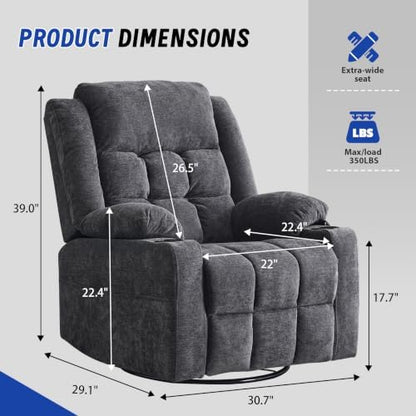 Power Swivel Rocker Recliner Chair with Massage and Heat for Adults,Electric Glider Reclining Single Sofa Chair for Living Room,USB & Type-C Charging Ports, Infinite Position,Dark Gary