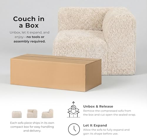 Furniture of America Havyn Modern Faux Fur 5-Seater L-Shaped Modular Foam Sectional Sofa with Ottoman, Compressed Couch in a Box, No Assembly Required, for Living Room and Office, Sand