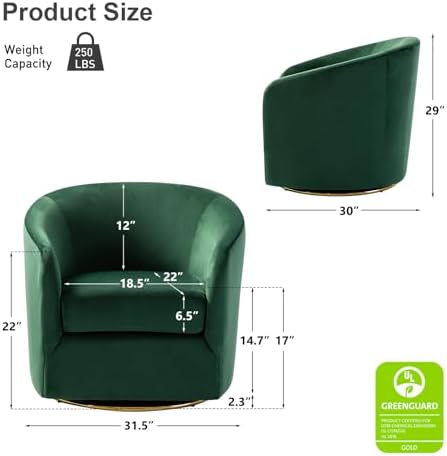 HULALA HOME Swivel Accent Chair with Gold Metal Base, Contemporary Velvet Curved Swivel Barrel Chair, Upholstered Club Armchair, Leisure Single Sofa for Living Room, Nursery, Bedroom(Green)